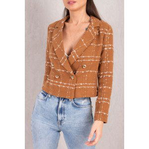 armonika Women's Camel Double Breasted Collar Tweed Crop Jacket