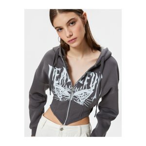 Koton Zippered Hooded Crop Sweatshirt Slim Fit Corset Look Printed