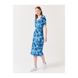 Jimmy Key Navy Blue U Neck Short Sleeve Floral Patterned Midi Dress