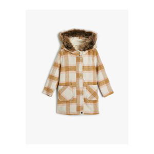 Koton Oversize Coat Hooded Faux Fur Detail Snap Snap Flap Pocket