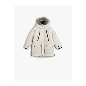 Koton Furry Hooded Coat with Flap Pockets Zipper Detailed Wind Protection