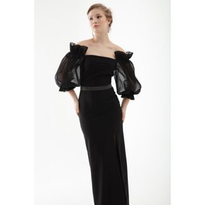 Lafaba Women's Black Balloon Sleeve and Stone Belted Long Evening Dress