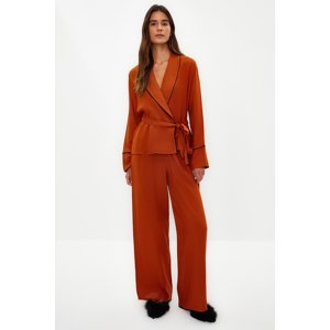 Trendyol Cinnamon Piping Detailed Double Breasted Shirt-Pants Woven Pajama Set