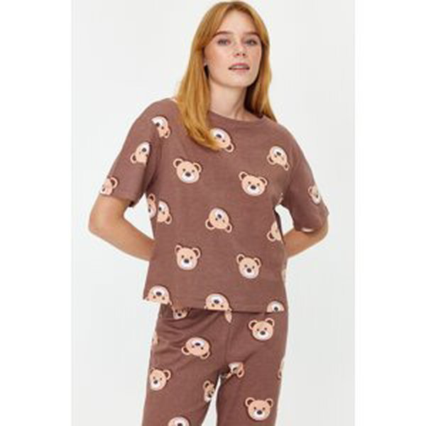 Trendyol Brown 100% Cotton Teddy Bear Printed T-shirt-Pants Knitted Pajama Set