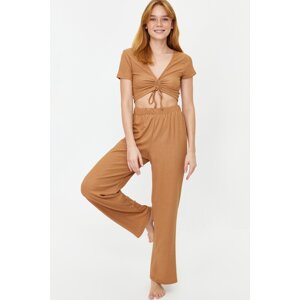 Trendyol Dark Beige Ruffle Detailed Wrinkled Tshirt-Pants Knitted Pajama Set