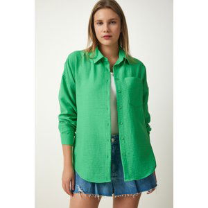 Happiness İstanbul Women's Green Oversize Linen Ayrobin Shirt