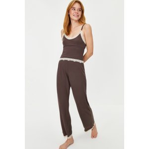 Trendyol Brown Ribbed Lace Detailed Undershirt-Pants Knitted Pajamas Set