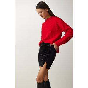 Happiness İstanbul Women's Black Slit Velvet Mini Skirt