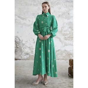 InStyle Floral Embroidered Linen Dress - Green