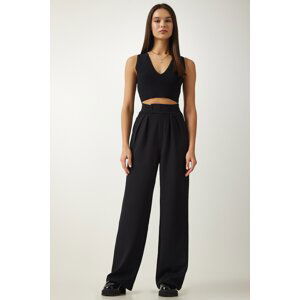 Happiness İstanbul Women's Black Velcro Waist Comfortable Palazzo Pants