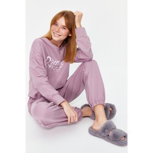 Trendyol Purple Cotton Printed Sweatshirt-Jogger Knitted Pajama Set