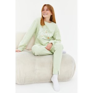 Trendyol Light Green Cotton Sweatshirt-Jogger Knitted Pajama Set