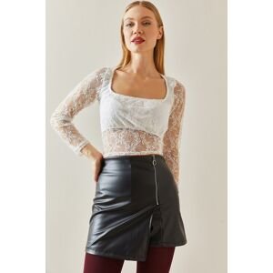 XHAN White Lace Detail Square Neck Sheer Crop Blouse