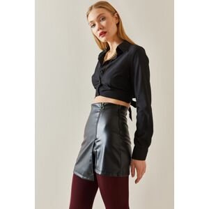 XHAN Black Zipper Closure Leather Short Skirt
