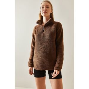 XHAN Brown Zipper High Neck Plush Sweatshirt 4KXK8-47906-18