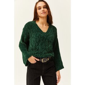 Olalook Women's Emerald Green V-Neck Chenille Soft Textured Knitwear Sweater