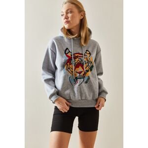 XHAN Gray Animal Printed Hooded Sweatshirt