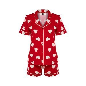 Trendyol Red 100% Cotton Heart Patterned Piping Detailed Shirt-Shorts Knitted Pajama Set