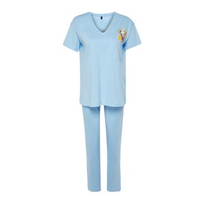 Trendyol Light Blue 100% Cotton Pocket Printed Wide Fit T-shirt-Pants Knitted Pajama Set