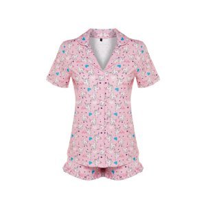 Trendyol Pink 100% Cotton Fun Patterned Shirt-Shorts Knitted Pajama Set