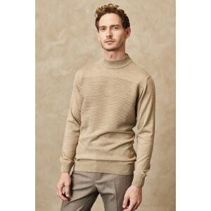 AC&Co / Altınyıldız Classics Men's Beige Non-Pilling Standard Fit Normal Cut Half Turtleneck Stripe Textured Knitwear Sweater