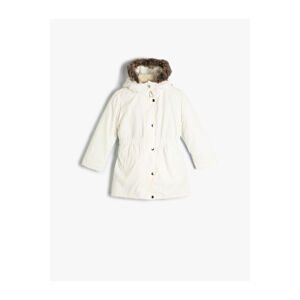 Koton Long Coat with Faux Fur Hood, Zipper and Wind Flap, Snap Closure Pockets