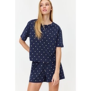 Trendyol Navy Blue 100% Cotton Heart Patterned T-shirt-Shorts Knitted Pajamas Set