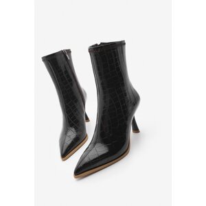 Marjin Women's Heeled Boots Pointy Toe Goblet Heel Heel Zipper Back Casual Classic Boots Monos Brown Croco