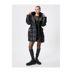 Koton Puffer Long Coat Leather Look Hooded Belt Detailed Pocket Quilted