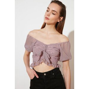 Trendyol Pink Crop Woven Tie Striped Blouse