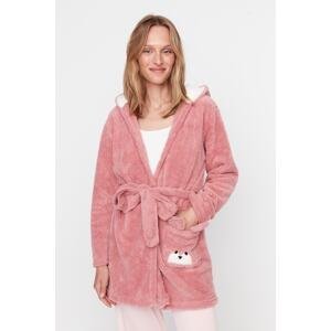 Trendyol Powder Animal Figured Wellsoft Knitted Dressing Gown with a Hoodie and Pocket