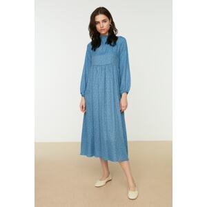 Trendyol Blue Floral Patterned Ruffles, Stand-Up Collar Woven Dress