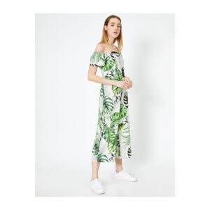 Koton Floral Print, Linen-Mixed Off-the-Shoulder Jumpsuit