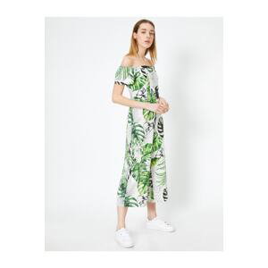 Koton Floral Print, Linen-Mixed Off-the-Shoulder Jumpsuit
