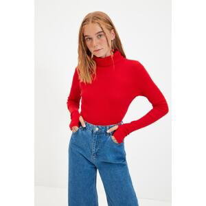 Trendyol Red Fitted/Situated Turtleneck Toe Detail Ribbed Stretch Knit Blouse