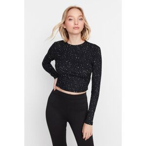 Trendyol Black Patterned Fitted/Simple Crew Neck Crop Flexible Knitted Blouse