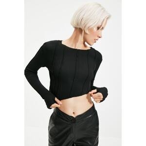 Trendyol Black Stitching Detail Fitted Asymmetrical Crop Corduroy Knitted Stretch Blouse