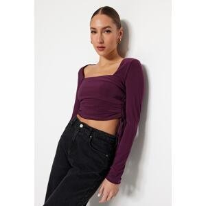 Trendyol Purple Square Collar, Shirring Detailed Fitted/Situated Crop, Flexible Knitted Blouse