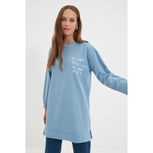 Trendyol Blue Printed Knitted Sweatshirt with Slit Detail