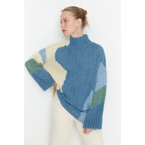 Trendyol Blue Soft Textured Color Block Knitwear Sweater