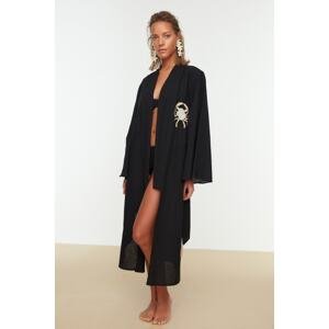 Trendyol Black Belted Midi 100% Cotton Kimono & Kaftan With Woven Embroidery