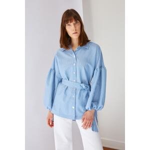 Trendyol Blue Striped Belted Balloon Sleeves Back Long Woven Shirt