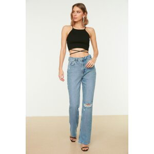 Trendyol Blue Ripped Detailed High Waist Flare Jeans