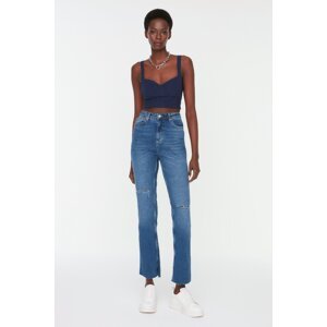 Trendyol Blue Ripped Detailed High Waist Flare Jeans with Slits
