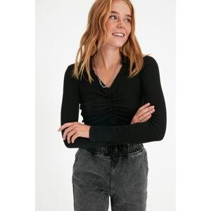 Trendyol Black Shirred Detail Fitted/Simple Polo Neck Crop Corduroy, Flexible Knitted Blouse