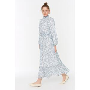 Trendyol Blue Floral Stand-Up Collar Chiffon Knitted Dress With Self-Line Waist Detail