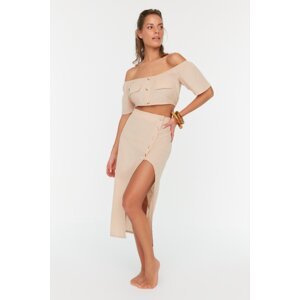 Trendyol Beige Button Detailed Carmen Collar Beach Blouse-Beach Skirt Set