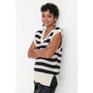 Trendyol Ecru V-Neck Striped Knitwear Sweater