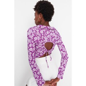 Trendyol Purple Wrinkled Crop Backless Knitted Blouse