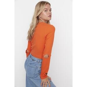 Trendyol Orange Ribbed Printed Knitted Blouse with Crop Cutout Detail
